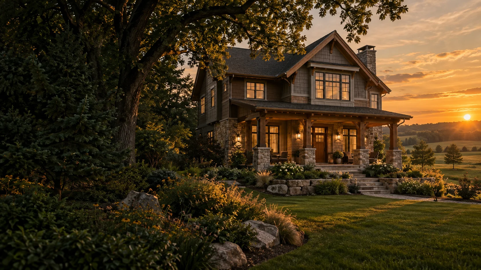 A welcoming home overlooking rolling Wisconsin-inspired countryside at sunset